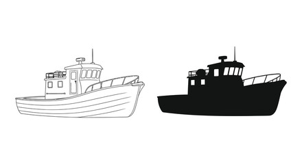 Obraz premium A detailed illustration depicts two fishing boats one outlined and one as a striking black silhouette high quality professional modern elegant
