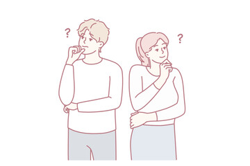 Man and woman look in different directions and scratch their chins thinking about anniversary gift. Guy and girl dream together or come up with idea to brainstorm together. Flat vector image