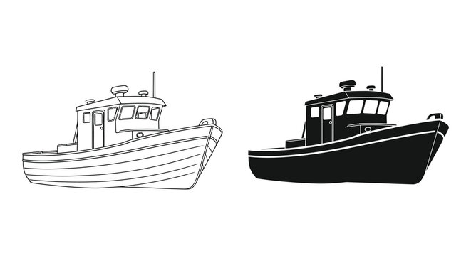 Two detailed depictions of a fishing boat are presented one in line art and the other as a solid silhouette