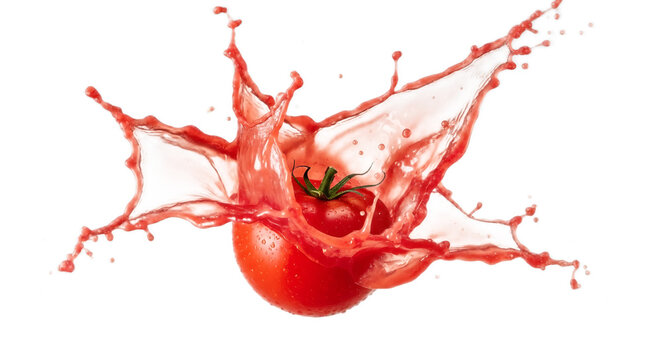 Single ripe tomato exploding with red juice splash, captured in mid-air, isolated on white.