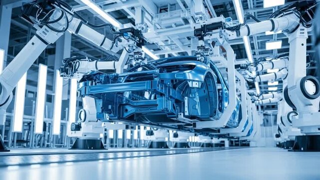 Robotic arms assembling a car chassis on a production line in a factory