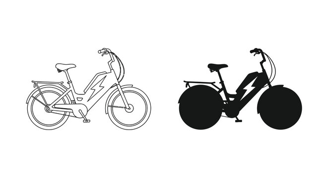 A side by side comparison showcases an electric bicycle in both line drawing and solid black silhouette high quality professional detailed modern elegant