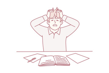 Angry man clutching head sitting at table with workbooks suffering from nervous work or impossible deadlines. Young guy student chafe after made mistake during learning. Flat vector illustration