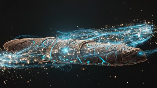 An elongated stone object with glowing blue lines and surrounded by swirling energy in a dark space