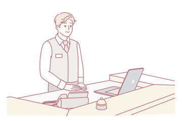 Man working as receptionist in hotel or restaurant stands behind counter with laptop and phone. Happy guy in work suit with badge is waiting for arrival of guests and clients. Flat vector image