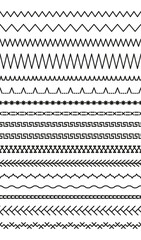 Obraz na płótnie Canvas Overlock fabric elements. Line border isolated on white background. Sewing stitches. Embroidery seams seamless pattern. Vector. Set of machine thread sew brushes. Simple graphic illustration.