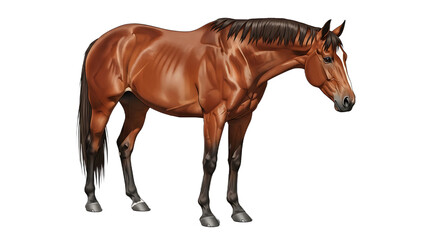 Fototapeta premium Illustration of a sleek brown horse standing, detailed muscle definition, isolated on a white background.
