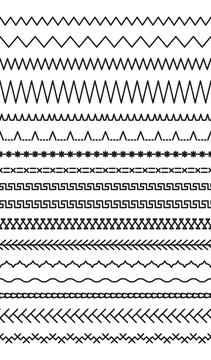 Overlock fabric elements. Line border isolated on white background. Sewing stitches. Embroidery seams seamless pattern. Vector. Set of machine thread sew brushes. Simple graphic illustration.