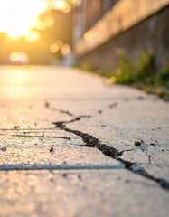Macro view of deep cracks in a concrete sidewalk at sunset with urban city background