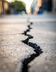 Macro view of deep cracks in a concrete sidewalk at sunset with urban city background