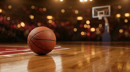 Naklejka premium Basketball resting on polished wooden court with blurred background of a basketball hoop and crowd lights creating an energetic atmosphere for sports enthusiasts and fans