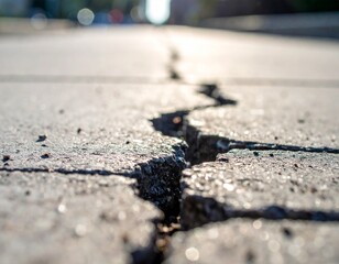 Macro view of deep cracks in a concrete sidewalk at sunset with urban city background
