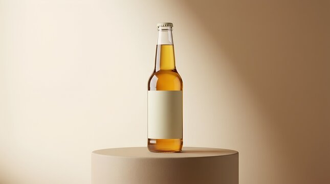 Blank 330ml Clear Glass Beer Bottle Mockup on Beige Podium with Soft Shadow
