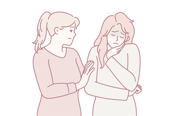 Woman comforting girl friend who is sad and stressed after bullying or toxic relationship. Lady suffers from depression and needs help of psychologist due to problems at work. Flat vector image