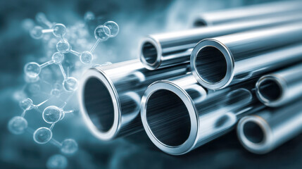 Fototapeta premium Shiny metallic tubes clustered together with a molecular structure illustration in the background symbolizing industrial chemistry and material science concepts