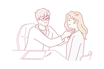 Man doctor examines woman applied to clinic with sore throat or bronchitis. Therapist in white coat sits at table holding out hands to girl patient in need treatment or medication. Flat vector design