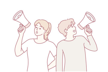 Man and woman use loudspeaker to invite everyone to event or make important announcement. Guy and girl are shouting loudly turning in different directions trying to spread word. Flat vector design