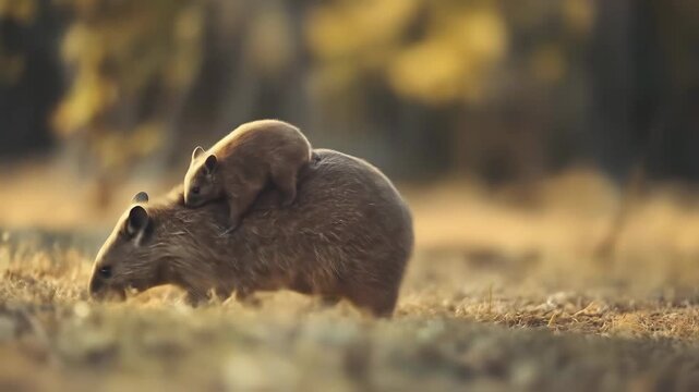 Mother wombat walking with a joey on her back in a grassy field during golden hour.