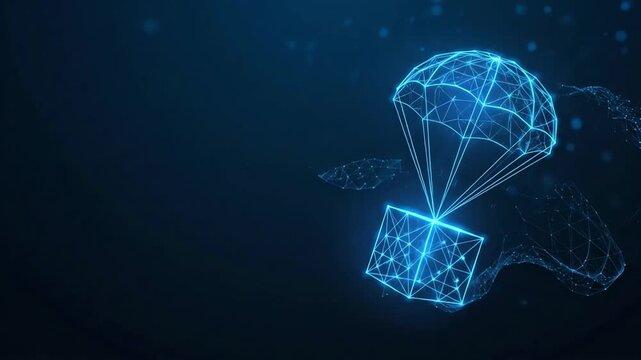 Digital delivery of data package via glowing polygonal parachute in abstract network space, conceptual illustration.