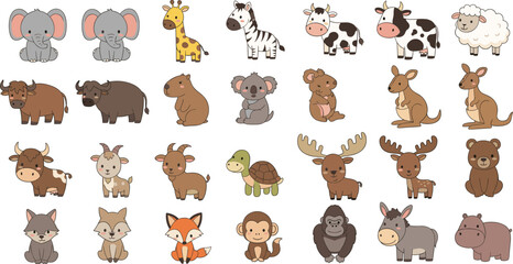 Fototapeta premium Large collection of cute cartoon animal vector icons featuring elephant, giraffe, zebra, cow, sheep, koala, kangaroo, fox, monkey, and hippo for children design.