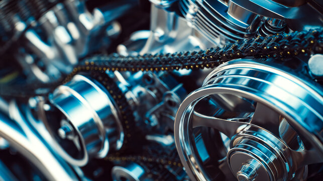 Close-up view of high-performance motorcycle engine components with metallic finish