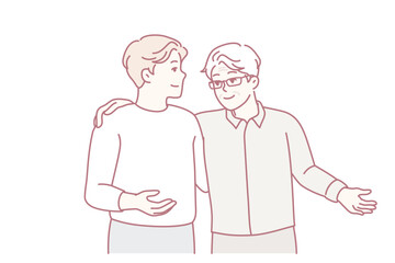 Two guys of friends slap each other on back and shoulders during joint walk or long-awaited meeting. Gray-haired elderly man is talking to young son giving wise advice. Flat vector illustration