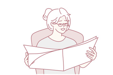 Elderly woman reads newspaper with latest news or announcements sitting in cozy home chair. Gray-haired mature lady in glasses is relaxing looking at favorite magazine. Flat vector illustration