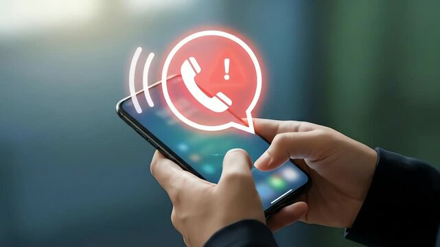 Hands holding a modern smartphone, featuring a glowing red call alert icon, indicating an urgent digital communication.