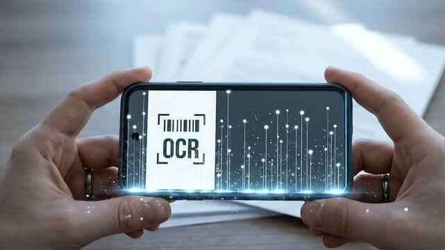 User's hands holding a smartphone displaying Optical Character Recognition (OCR) technology for document digitization