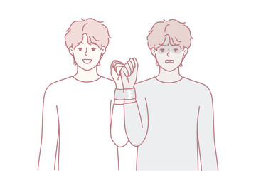 Similar men with tied hands for psychological problems concept. Cheerful and sad guy in reflection with adhesive tape on hand symbolizes internal personality disorder. Flat vector design