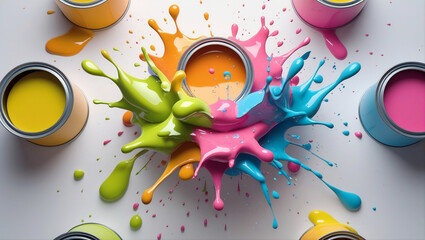 Colorful paint splash composition with open paint cans on white background