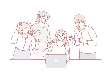 Successful women and man employees of startup rejoice and look at laptop screen. Young girl and guy make victory gesture after learning good news after video call in computer. Flat vector design