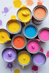 Open paint cans with colorful drips and stains on white background