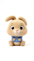 Cute Fluffy Bunny Character Wearing Blue Hoodie Isolated on White Background