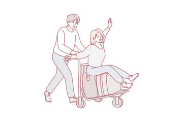 Happy man and woman heading for summer trip with big suitcases looking forward to good vacation. Guy rides joyful girl in casual clothes on bag cart from airport. Flat vector illustration