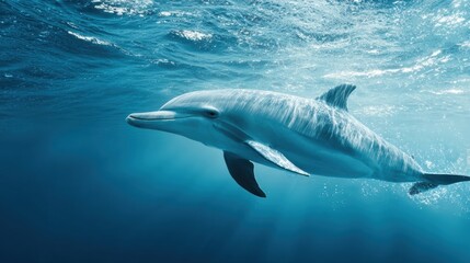 Fototapeta premium Dolphin Swims Freely in Vast Ocean Showcasing Intelligence and Grace Under Sunlight With Open Water Surrounding
