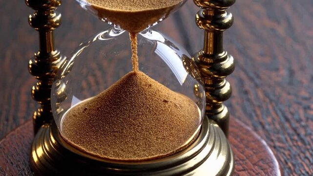 Vintage Hourglass Sand Timer Close-up - Time Passing Concept Golden Sand Flowing Measurement Device