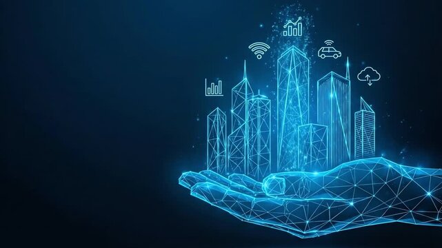 Conceptual digital hand presenting an interconnected smart city with advanced urban technology and infrastructure.