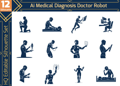 AI medical diagnosis doctor robot silhouette set for healthcare technology, robotic assistant and digital health innovation in hospital clinic.
