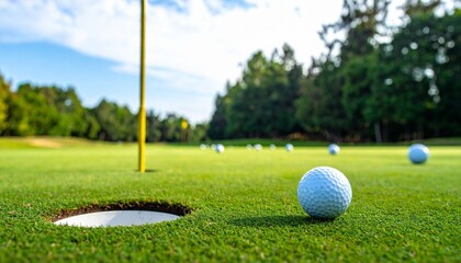 Obraz premium Golf ball balanced on tee near freshly cut hole on green fairway, shallow depth, bright daylight, outdoor sports photography, clean composition, calm, precision, focus
