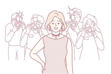 Smiling woman in evening dress posing for journalists during fashion show. Girl in beautiful necklace stands near photographers from fashion magazines and paparazzi. Flat vector illustration