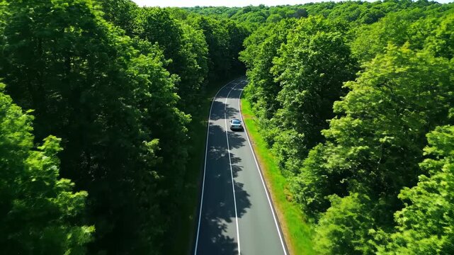 Aerial view of a silver car driving along a winding asphalt road through a dense green forest under bright sunlight. Concept of travel and freedom