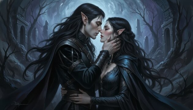 Two dark-elven lovers in a mystical forest share an intimate moment, framed by eerie trees and ancient ruins under a moonlit sky.