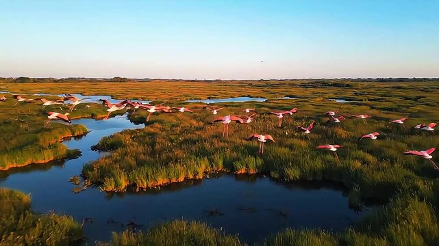 Flamingos flying over wetlands at sunset, pink birds in flight over grassy marshland with water streams, aerial view of wildlife in natural habitat
