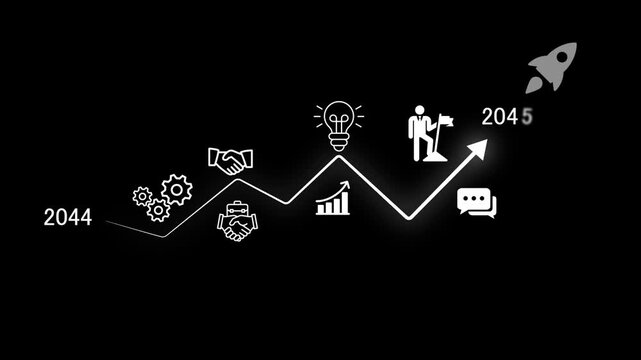 Business arrow 2044 to 2045 success concept. A strategic business journey. Finger points at the 2045  target, sustainability, year change animation concept. black background 