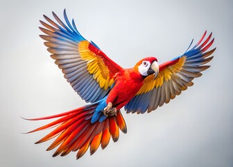 colorful scarlet macaw parrot flying with wings spread isolated on white background tropical wildlife concept