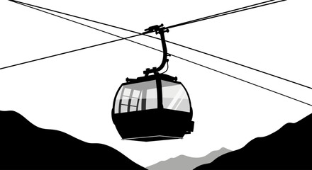 A minimalist black silhouette depicts a cable car suspended by wires against a stark white background and mountains © Md
