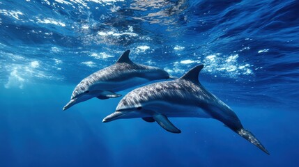 Fototapeta premium Dolphins Swim Slowly Underwater Showcasing Mindfulness and Balance in Their Movement and Posture During a Bright Day in the Ocean