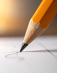 Macro shot of a yellow wooden pencil writing on white paper with soft sun light bokeh