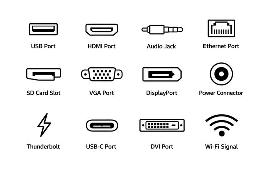 Computer ports and connectivity icon set including USB, HDMI, audio jack, Ethernet, SD card slot, VGA, DisplayPort, power connector, Thunderbolt, USB-C, DVI and WiFi signal symbols in outline style.